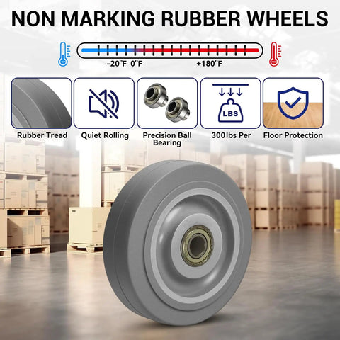 Top Tier 4 Inch Rubber Caster Wheels Heavy Duty Industrial Casters Non Marking Rubber wheels with precision ball bearing and floor protection.