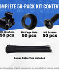 50 Pack M6 x 16mm Rack Mount Cage Nuts Screws And Washers For 19 Inch Server Racks And Network Cabinets Includes Free Self-Locking Cable Ties