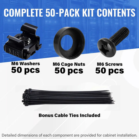 50 Pack M6 x 16mm Rack Mount Cage Nuts Screws And Washers For 19 Inch Server Racks And Network Cabinets Includes Free Self-Locking Cable Ties