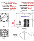 Technical diagram of 16mm Three Position Rotary Switch With Two NO Two NC DPDT Latching 5 Amp 250 Volt On Off On Selector