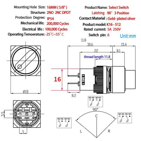 Technical diagram of 16mm Three Position Rotary Switch With Two NO Two NC DPDT Latching 5 Amp 250 Volt On Off On Selector