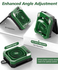Camping Fan Battery Powered And Solar Powered Lightweight Portable Cordless Fan with Light showing adjustable angles
