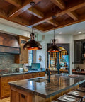 YSGUYILT Vintage Industrial Pendant Lights E26 Retro Metal Hanging Lights, Farmhouse Hanging Lamp above kitchen island in rustic setting.