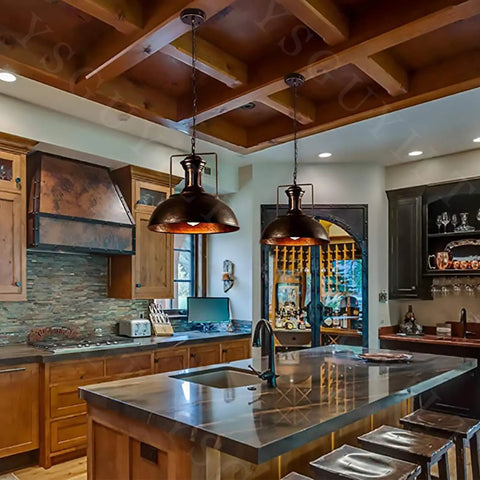 YSGUYILT Vintage Industrial Pendant Lights E26 Retro Metal Hanging Lights, Farmhouse Hanging Lamp above kitchen island in rustic setting.