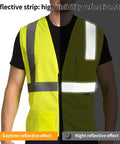 Straight Up Legit High Visibility Safety Vest Featuring Sick Breathable Mesh Ventilation And Broad Reflective Strapping For Ultimate 360 Awareness On Rough Job Sites And All Weather Shifts, showing daytime and nighttime reflective strips.