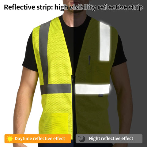 Straight Up Legit High Visibility Safety Vest Featuring Sick Breathable Mesh Ventilation And Broad Reflective Strapping For Ultimate 360 Awareness On Rough Job Sites And All Weather Shifts, showing daytime and nighttime reflective strips.