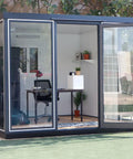 Straight Up Game Changing Ten By Ten Feet Insulated Steel Sunroom With Pufa Foam Walls And Tempered Glass, featuring an outdoor office setup.