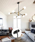 Living room with Sputnik Style 6 Light Modern Gold and Black Chandelier, rotatable arms, mid-century modern vibe