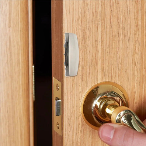 Two Set Keyless Push Latch Kit for RV Van Boat Cabinets and Drawers Thumb Rotation Release One Hand Access Lock Set on wooden door.