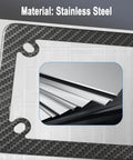 Carbon Fiber Motorcycle License Plate Frame with Stainless Steel Tag Holder Bracket and Included Screws Nuts Caps 1 Pack For Moto Moped Motorbike Scooter Bike corner detail showing carbon pattern and material.