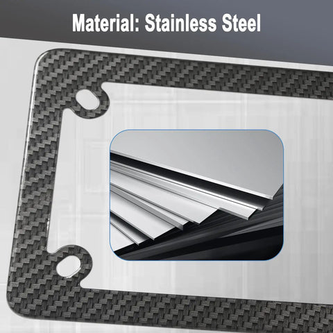 Carbon Fiber Motorcycle License Plate Frame with Stainless Steel Tag Holder Bracket and Included Screws Nuts Caps 1 Pack For Moto Moped Motorbike Scooter Bike corner detail showing carbon pattern and material.