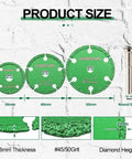 Product size chart showing 30mm, 40mm, 50mm Diamond Metal Cut Off Wheel Set Pro Grade Heavy Duty with 6mm round shaft and grit details.