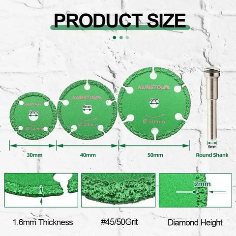 Product size chart showing 30mm, 40mm, 50mm Diamond Metal Cut Off Wheel Set Pro Grade Heavy Duty with 6mm round shaft and grit details.