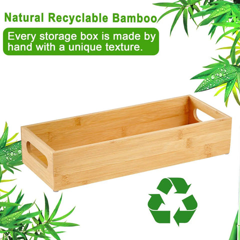 Bamboo Toilet Paper Tray Organizer With Handles Waterproof Storage Basket For Bathroom Counter Top Tank Or Kitchen Counter Fourteen Point Nine By Five Point Nine Inches Durable Natural Bamboo Construction With Waterproof Coating Reusable And Eco Friendly close-up showing handles and bamboo texture