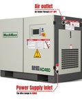 Front view of 10HP Rotary Screw Air Compressor with 32 CFM at 116 PSI, 460V 3-Phase Industrial Grade Machine featuring air outlet
