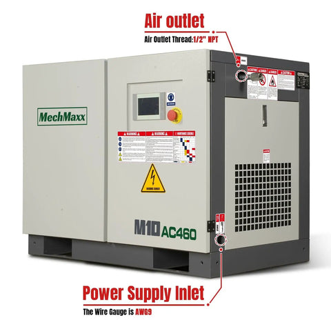 Front view of 10HP Rotary Screw Air Compressor with 32 CFM at 116 PSI, 460V 3-Phase Industrial Grade Machine featuring air outlet