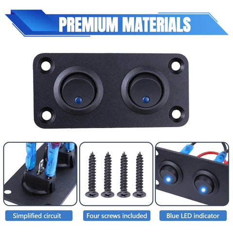 Dual Gang Rocker Switch Panel 12V And 24V 10A Waterproof Automotive On Off Switches With Blue LED Indicator and mounting screws