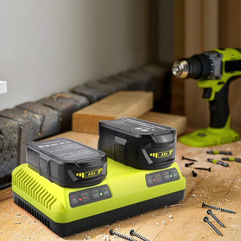 Dual Chemistry 18V Ryobi Battery Charger With Dual Ports Charges Two Batteries At Once For P117 P118 P119 P190 P102 P103 P107 P108 PBP Series For Ryobi One Plus Batteries LiIon NiCad NiMh on workbench with tools