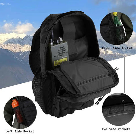 Rugged Tactical Sling Pack For Everyday Carry, Shoulder Crossbody Bag With Bottle Holder, 13L Capacity, front view showing pockets open