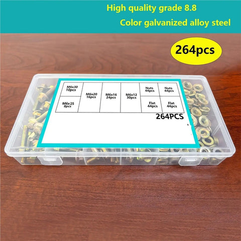 Heavy Duty Alloy Steel Hex Bolts Nuts And Washers Set 264 Piece Zinc Plated Metric Fasteners Kit For DIY Projects And Quick Home Repairs Built Tough For Automotive And Equipment. 264-piece M6 set