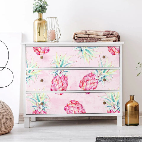 Drawer with Bold Pink Pineapple Peel And Stick Wallpaper With Watercolor Pineapple Pattern Easy Install Self Adhesive Removable