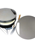 Stainless Baking Steel Lid And Skillet For 22.5 Inch Kettle Grills, High Temp Dome Booster next to grill setup, round heavy gauge pan