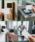 Collage of 125KHz T5577 Proximity Cards Writable Blank White CR80 Size Proximity ID Cards used for access control and tracking