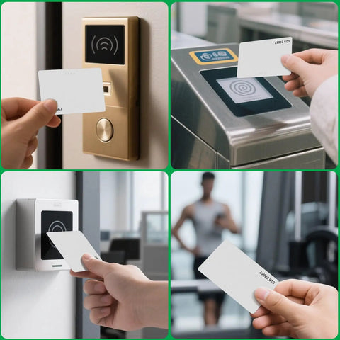 Collage of 125KHz T5577 Proximity Cards Writable Blank White CR80 Size Proximity ID Cards used for access control and tracking