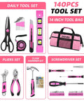 Image of Pink Tool Kit For Women 140 Piece Home DIY Essentials In A 14 Inch Storage Bag, featuring various tools and carrying case.
