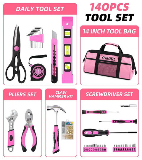 Image of Pink Tool Kit For Women 140 Piece Home DIY Essentials In A 14 Inch Storage Bag, featuring various tools and carrying case.