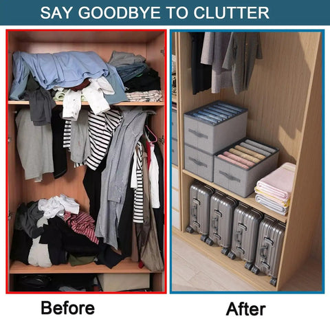 Before and after of closet using the Stackable Wardrobe Drawer Organizer With 6 7 9 Grids, Built-In PP Board Keeps Clothes Upright