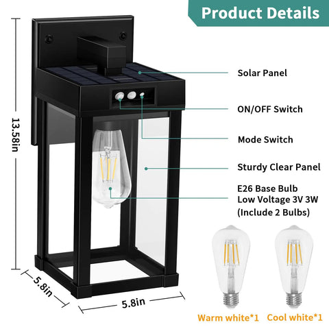Solar Wall Light Outdoor With Motion Sensor Three Lighting Modes Waterproof Porch Sconce With Clear Panels; product details shown with dimensions.