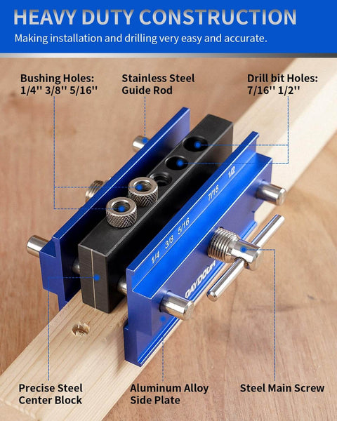 Heavy Duty 2.1 Inch Self Centering Dowel Jig Kit With Universal Capacity Doweling Jig And Drill Guide, aluminum alloy side plate, steel bushings, and screws for precise drilling on wood.