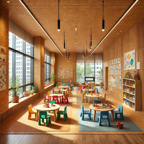 Premium Natural Cork Roll Four Feet By Twenty Four Feet Long Half Inch Thick used in a colorful classroom for sound absorption.