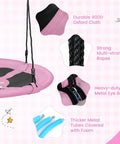 Product close-up showing pink swing with 900D Oxford cloth, strong ropes, metal eye bolts, and foam-covered metal tubes.