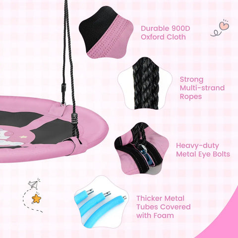 Product close-up showing pink swing with 900D Oxford cloth, strong ropes, metal eye bolts, and foam-covered metal tubes.