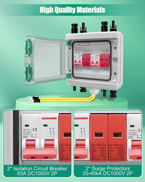 63 Amp Solar Disconnect Switch DC Breaker Box With Surge Protector, open view showing interior components, IP65 rated