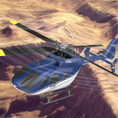 C187 RC Helicopter For Adults And Beginners With Optical Flow Positioning in flight over rocky terrain