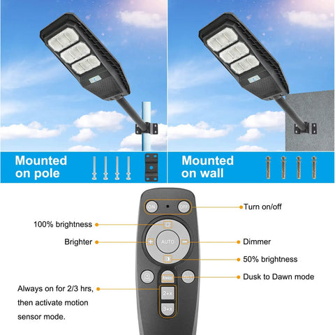 Two 100W Solar Street Light Set With Motion Sensor Dusk To Dawn Outdoor Flood Lights Remote Control IP65 Waterproof displayed mounted on pole and wall with remote functions.