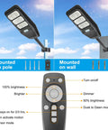 100W Solar Street Light Two Light Set With Motion Sensor No Wires To Run Dusk To Dawn Outdoor Flood Light Remote Control IP65 Waterproof mounted on pole and wall with remote