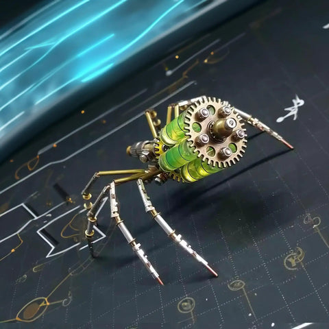 Metal DIY 3D Insect Puzzle Kit In Brass For Adults, Steampunk Mechanical Build of Gatling Spider on blueprint background