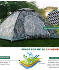3-4 Person Camping Tent With Rain Fly And Carrying Bag Waterproof Family Dome Shelter for Festivals Backyard Hangouts shown in a park setting.