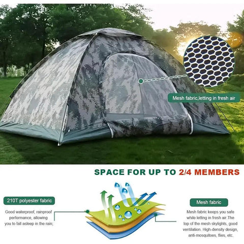 3-4 Person Camping Tent With Rain Fly And Carrying Bag Waterproof Family Dome Shelter for Festivals Backyard Hangouts shown in a park setting.