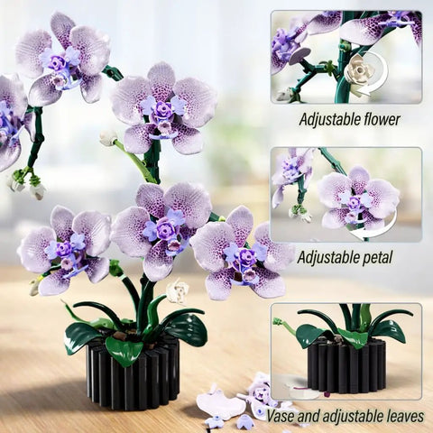 Purple Orchid Building Block Set With Vase, 619 Pieces, Phalaenopsis Floral Model Kit with adjustable petals and flowers