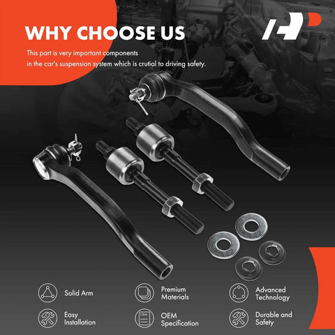 Set Of Four Front Inner And Outer Tie Rod End Kit Replacement For Acura CL Honda Accord Odyssey Isuzu Oasis Fixes Loose Steering And Uneven Tire Wear For Safer Driving front view with hardware