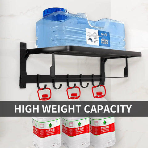 Pro Grade Heavy Duty Aluminum Wall Mount Towel Rack With Shelf And Hooks 24 Inch Double Foldable Towel Bar Matte Black Bathroom Organizer For Towels Easy Install Rust Resistant Sleek Modern Look holding water containers