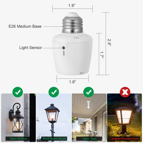 Outdoor Dusk To Dawn Light Socket Adapter With Photocell Sensor dimensions and compatible installations