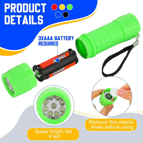 60 Pack 9 LED Handy Mini Flashlights With Lanyards AAA Batteries Included Bulk Set open green flashlight showing battery compartment