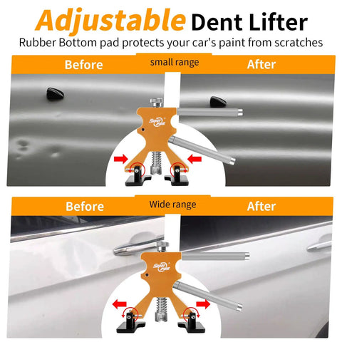 Pro DIY PDR Dent Repair Kit With 148 Pieces Dent Puller And LED Light Board showing before and after dent repair