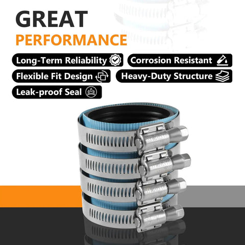 4 Inch Heavy Duty No Hub Coupling With Blue Shield For Drain Waste And Vent Systems, 304 Stainless Steel With One Piece Rubber Gasket, Built To Last, Corrosion Resistant Connector For Indoor And Outdoor Use, stacked view